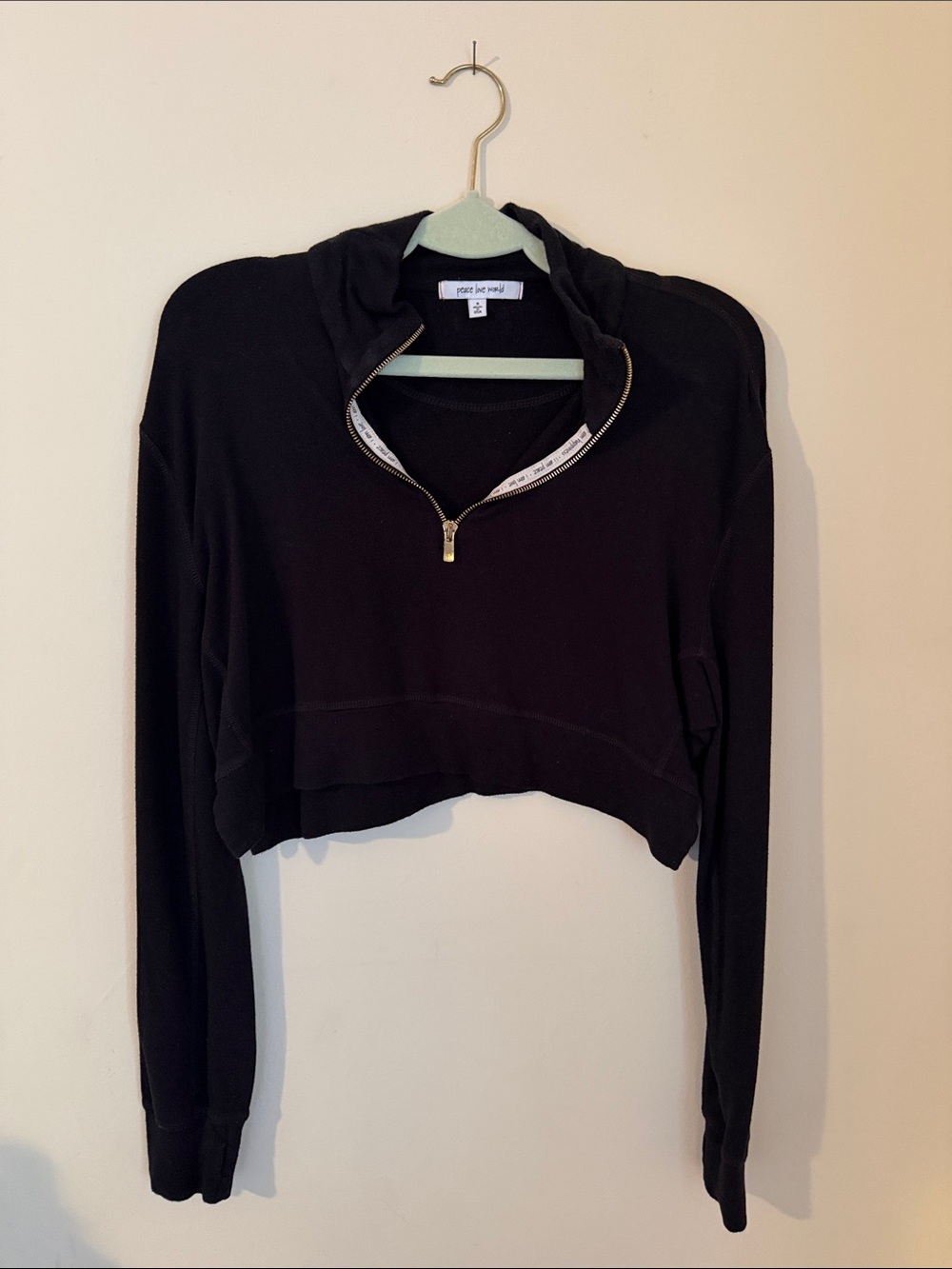 Peace Love World Black Cropped Zip-Front Pullover